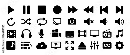 Audio-Visual Interface: A comprehensive collection of digital interface icons representing various audio and visual controls, offering seamless navigation and user interaction.