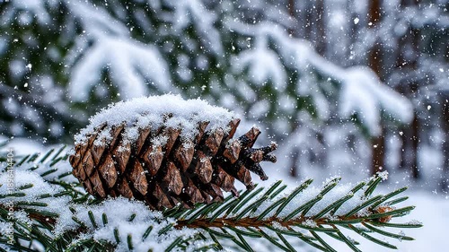 Wallpaper Mural Close up shot of snowy pinecone and evergreen tree branch in falling snow winter wonderland Torontodigital.ca