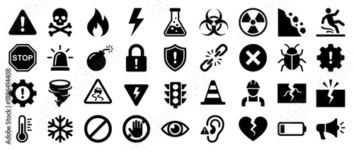 Collection of Hazard Icons: A comprehensive collection of hazard icons, showcasing essential warnings and symbols for safety and awareness in diverse settings.
