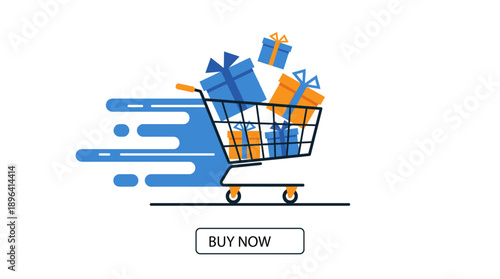 Shopping Cart and Gifts: Dynamic image of a shopping cart overflowing with colorful gift boxes, a symbol of online shopping and presents.