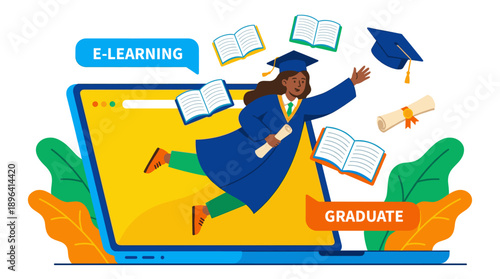 E-Learning Graduation: A student celebrates academic success, emerging from a laptop screen with a graduation cap and diploma, surrounded by books and the promise of a digital future.