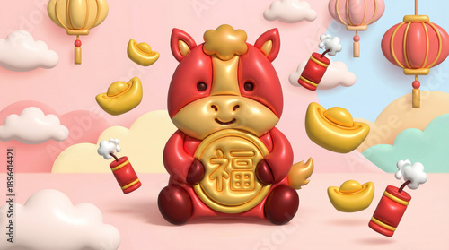 Prosperity Horse: A cheerful horse holding a gold coin, surrounded by auspicious symbols, embodying good fortune and wealth in a vibrant scene.