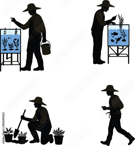 Aquaponics activity silhouettes, gardening poses, sustainable agriculture icons, cad drawing flat vector illustration, black farming shapes, eco graphics
