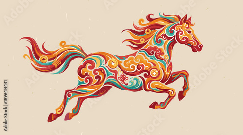 Radiant Steed in Motion: A vibrant, artfully designed illustration of a horse, dynamically posed in full gallop. This artwork showcases the grace and spirit of the animal.