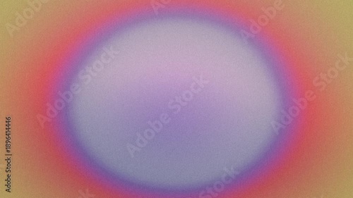 Grainy iridescent background with floating bubble. Fluid motion round shape. Oval frame in center. Abstract geometric backdrop with rainbow gradient in dirty yellow, orange, pink, lilac, purple, blue