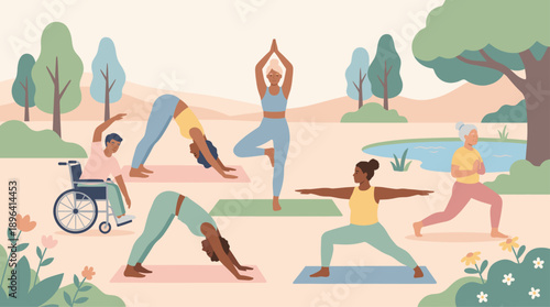 Yoga and Serenity: A harmonious depiction of individuals engaged in a yoga session, embodying the peace and tranquility of mindfulness and physical wellness. 