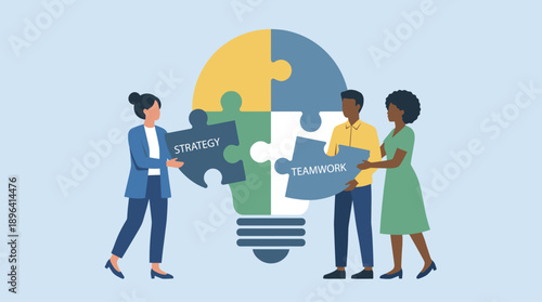 Teamwork and Innovation: A visually engaging illustration of teamwork and innovation, as individuals collaborate to assemble a lightbulb-shaped puzzle.