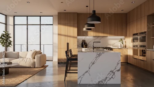 Luxurious Modern Open Concept Living Room With A Contemporary Kitchen And Island, Featuring Natural Light And Warm Neutral Tones