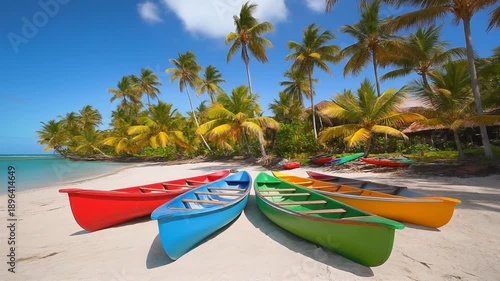 Wallpaper Mural Colorful Canoes on a Tropical Beach with Palm Trees and Blue Sky in Paradise Torontodigital.ca