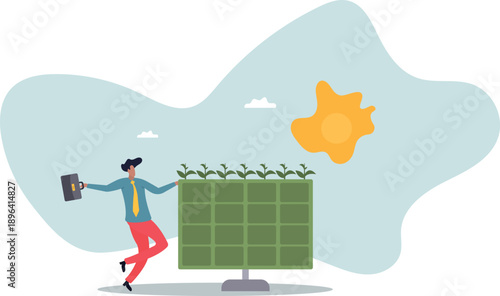 Green sprouts on the solar panel, the concept of purity of nature and ecology.