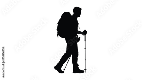 a man hiking with a large backpack and trekking poles silhouette