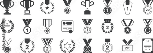 Award icons set – vector trophies, medals, laurels, certificates, and badges for achievement, competition, ranking, and recognition design