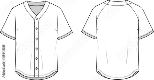 Men’s short sleeve button front shirt technical flat sketch showing front and back views, clean line fashion illustration for apparel design, manufacturing, tailoring, and clothing production use