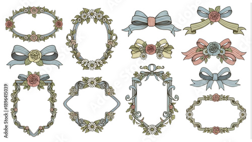 Vintage Ribbon Frames and Retro Floral Bows Vector Set with Ornamental Labels