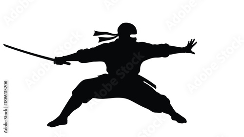 a dynamic ninja warrior silhouette poised with a katana sword in action