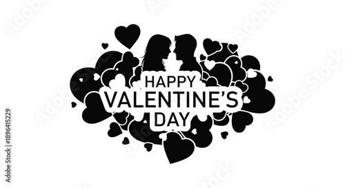 A black and white graphic displays the words happy valentine s day surrounded by numerous heart shapes high quality