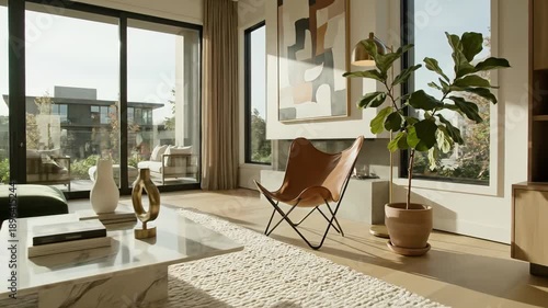 A chic, contemporary living space featuring plush emerald green sofas, a marble coffee table, and striking abstract wall art, bathed in warm daylight.