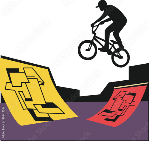 Minimalist silhouette of a BMX rider doing a tailwhip over graffiti covered ramps