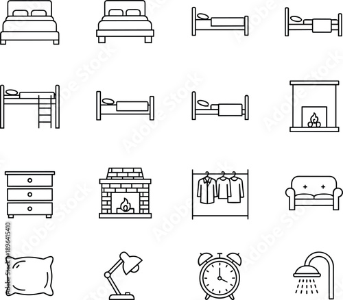 Bedroom and home furniture line icons set featuring beds bunk fireplace sofa lighting decor symbols outline vector illustration