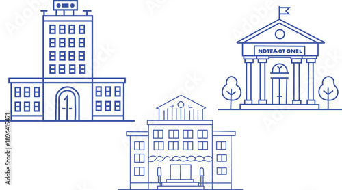 Collection of stylized line art icons representing various essential civic and commercial buildings like hospitals government offices and municipal structures for urban planning.