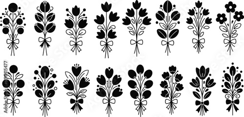Black floral silhouette set featuring various stylized flower bouquets with ribbons for wedding invitations spring greeting cards minimalist nature patterns and elegant decorative vector elements