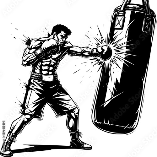A vector illustration of a boxer punching a bag silhouette designed as a powerful warrior sketch