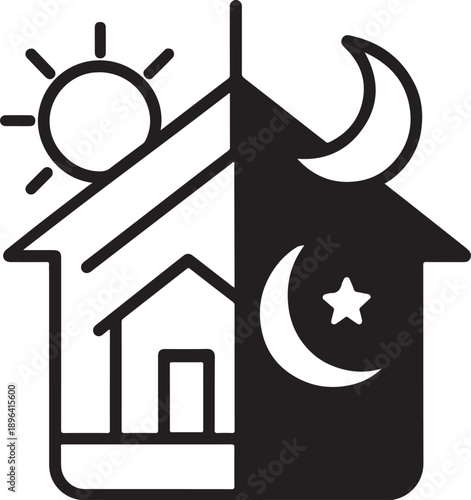 Day and night house icon showing sun and moon concept for time difference and energy management.