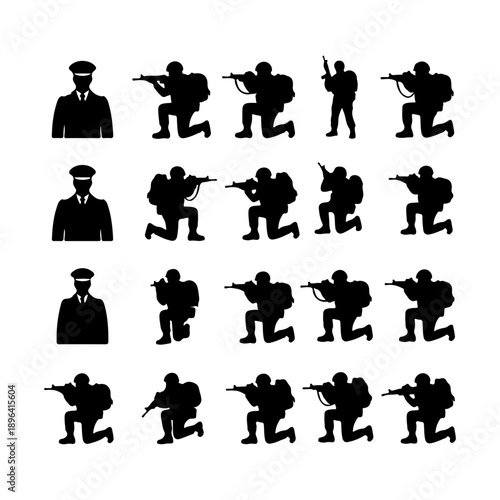 Large set of military soldier silhouettes in various combat poses, tactical gear, and army officer profiles.