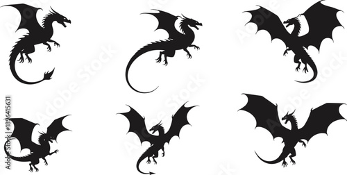 Black dragon silhouette collection, fantasy creature vector set, mythical beast illustration, flying dragons design, medieval mythology art, cad drawing flat vector illustration