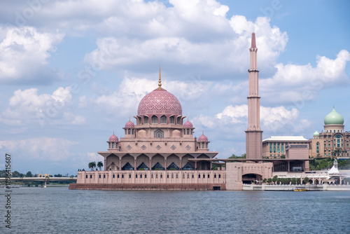 Photography Masjid Putra or Putra Mosque, a famous rosy pink granite primary mosque in Putrajaya, blending Middle Eastern and Malay styles