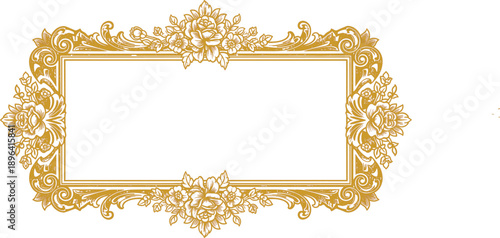  described features an ornate, gold-colored rectangular frame that is richly decorated with floral and curvilinear 