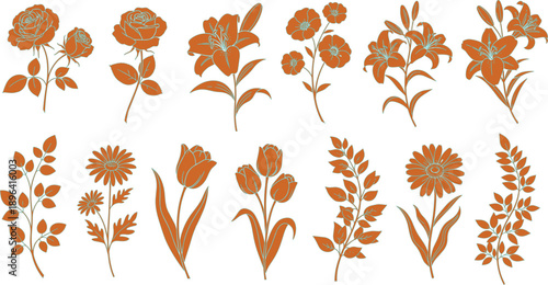 described features a collection of flowers, including roses, lilies, tulips, and daisies, all rendered in a copper or bronze color.