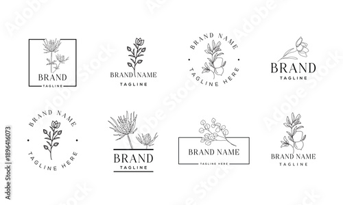 Minimal Botanical Logo Set with Hand Drawn Floral Line Art in Black and White for Brand Identity