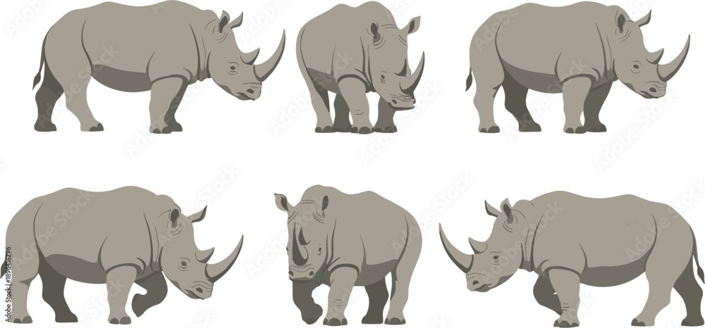 Obraz premium African Rhinoceros Vector Illustration Set with Various Standing and Walking Poses for Wildlife Conservation Branding, Safari Nature Graphics, Zoo Education, and Animal Infographics