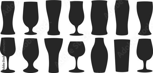 Black drinking glass silhouettes, assorted cup icon shapes, beverage container vector collection, cad drawing flat vector illustration for designers