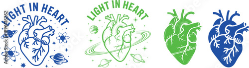 Blue and green heart with space and text human heart anatomical heart planets