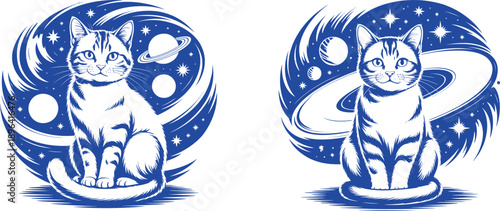 Blue and white of two cats sitting in front of a space background planet