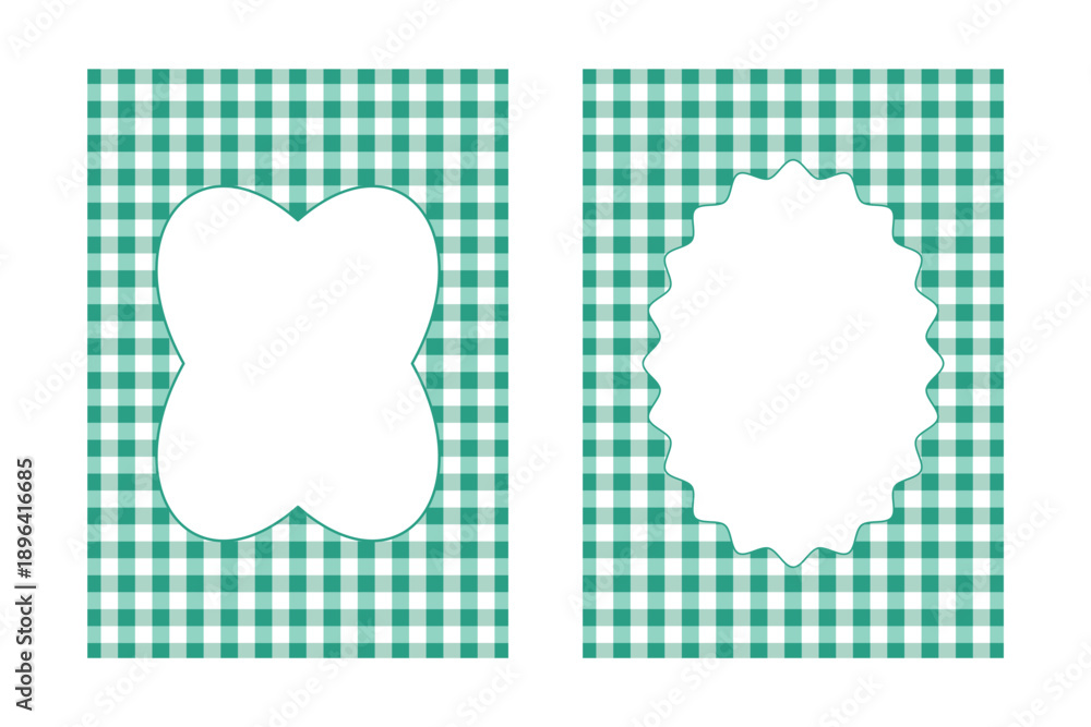 Fototapeta premium Two green gingham card templates with white decorative frames. Vertical layouts for holiday invitations and festive stationery.