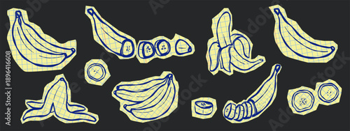 Bananas collection on paper pieces. Rough collage cutouts with bananas doodles. Irregular vector shapes of bananas peel, sliced bananas, whole bananas. Funky scrapbook set For stickers, packaging, etc