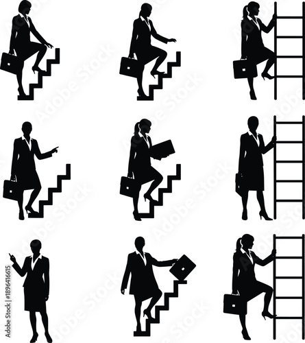 Businessman climbing stairs and ladder, career growth, ambition, success, leadership, progress, goal achievement, motivation, professional journey, silhouette illustration