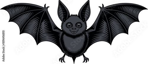 Cartoon black bat with outstretched wings and furry body