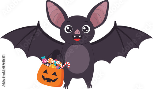 Adorable cartoon bat character holding jack o lantern candy bucket full of sweet treats halloween trick or treat vector illustration design
