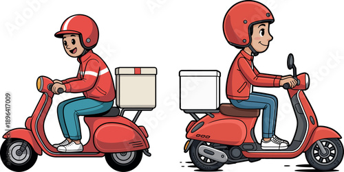 Cartoon delivery man riding red scooter with boxes
