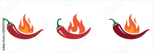 Spicy chili pepper icons with fiery flames in various designs vector illustration.
