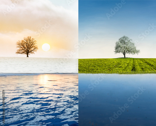 Wechsel von Winter zu Frühling in eienr Landschaft mit See und Baum