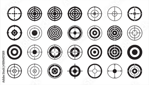 Target and aim icon set, crosshair, bullseye vector, precision, accuracy, and focus icon for aiming, archery, shooting, or navigation