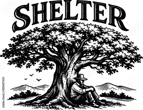 Man resting under a large tree with the word Shelter above