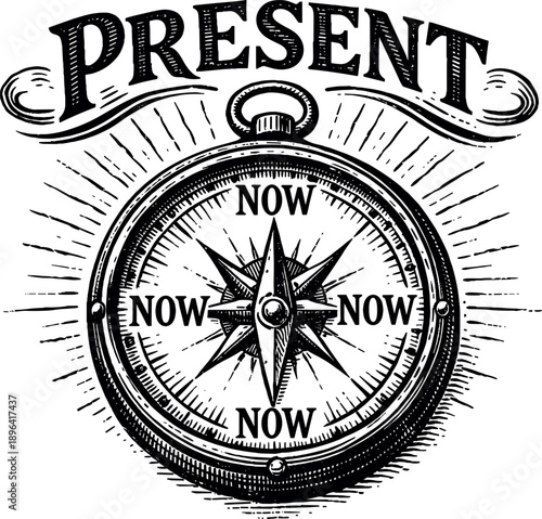 Vintage compass pointing to the present moment with sunburst effect