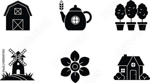 Black silhouette farm and nature icons vector set – barn, teapot, trees, windmill, flower, house – rural gardening symbols