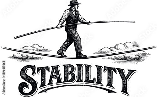 Man balancing on a tightrope with the word Stability below